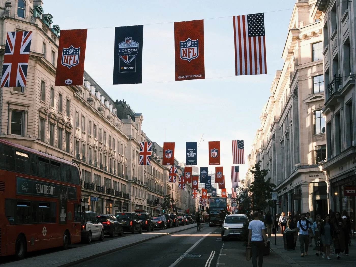 NFL London Games banners hanging above Regent Street
